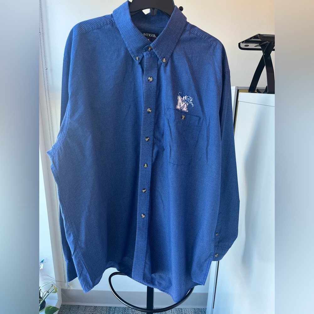 Antigua Men's Blue Patterned Button Down Shirt With Memphis Tiger On It.